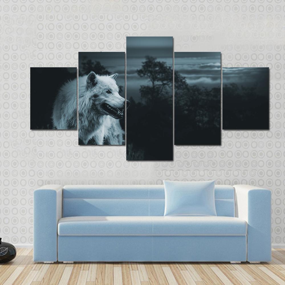 White Wolf At Night - Animal 5 Panel Canvas Art Wall Decor White Wolf At Night - Animal 5 Panel Canvas Art Wall Decor