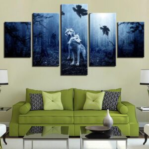 White Wolf Couple - Animal 5 Panel Canvas Art Wall Decor
