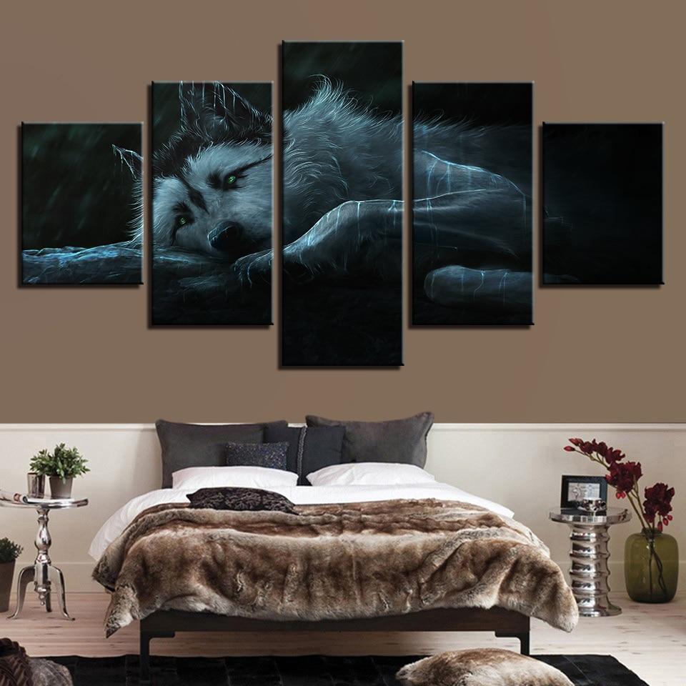 White Wolf Green Eyes 1 - Animal 5 Panel Canvas Art Wall Decor White Wolf Green Eyes 1 - Animal 5 Panel Canvas Art Wall Decor