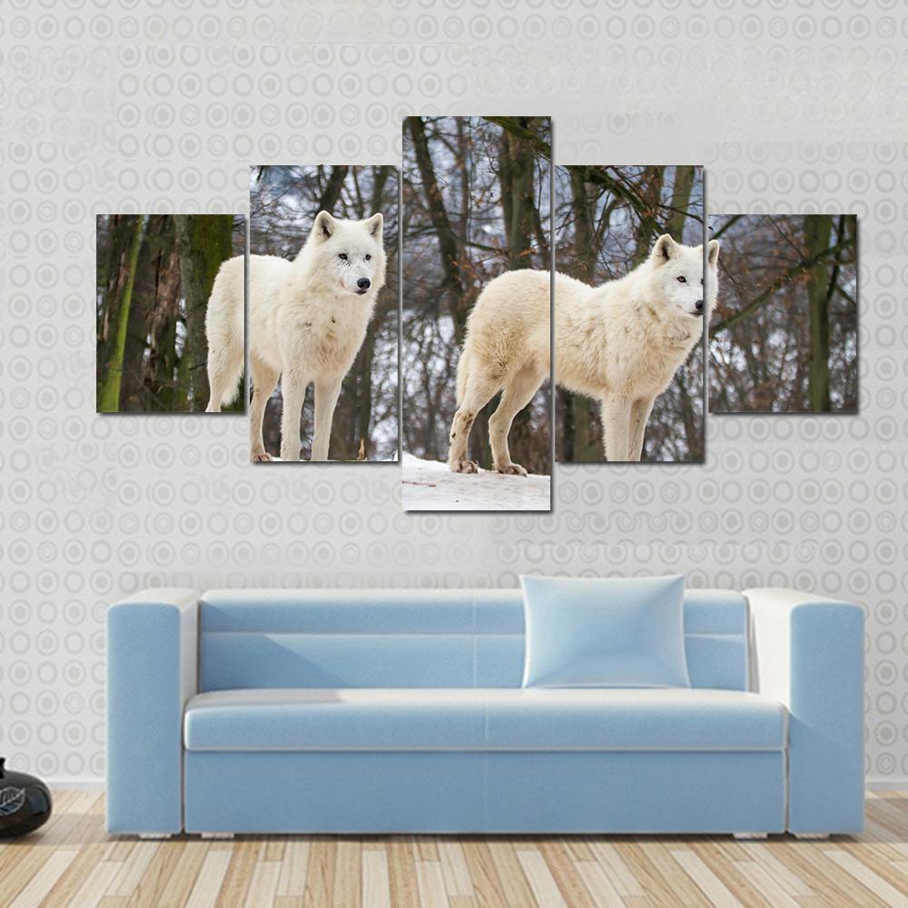 White Wolves Couple In Snow - Animal 5 Panel Canvas Art Wall Decor White Wolves Couple In Snow - Animal 5 Panel Canvas Art Wall Decor