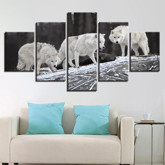 White Wolves In The Forest - Animal 5 Panel Canvas Art Wall Decor White Wolves In The Forest - Animal 5 Panel Canvas Art Wall Decor