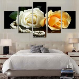 White Yellow Rose And Pearls - Nature 5 Panel Canvas Art Wall Decor