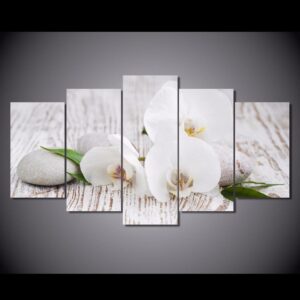 White orchid pebbles - Nature 5 Panel Canvas Art Wall Decor