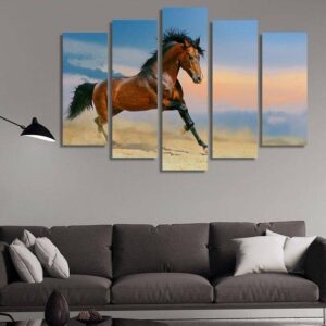 Wild Horse Galloping In The Desert - Animal 5 Panel Canvas Art Wall Decor