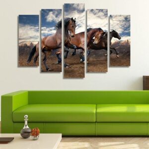 Wild Horses Running 02 - Animal 5 Panel Canvas Art Wall Decor