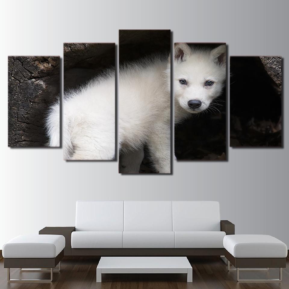 Wild White Wolf Cubs - Animal 5 Panel Canvas Art Wall Decor Wild White Wolf Cubs - Animal 5 Panel Canvas Art Wall Decor