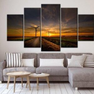 Wind Turbine Sunset Landscape - Nature 5 Panel Canvas Art Wall Decor