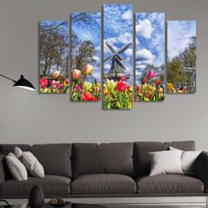 Wind Turbines And Flowers - Nature 5 Panel Canvas Art Wall Decor