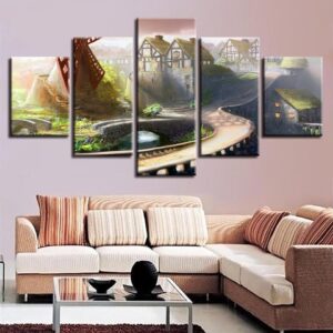 Windmill Bridge Path House - Nature 5 Panel Canvas Art Wall Decor
