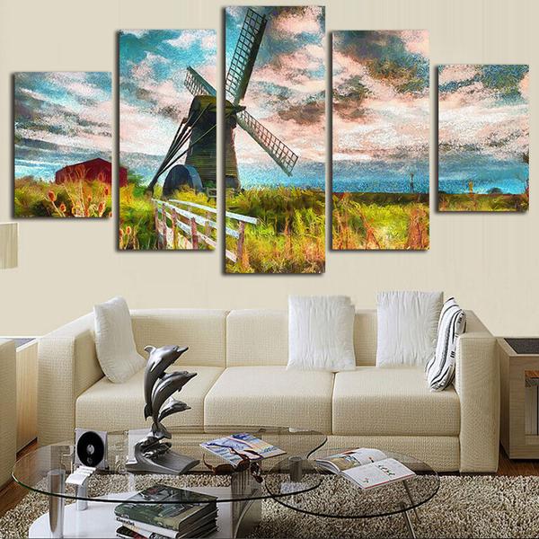 Windmill Farm Island Landscape Scene - Nature 5 Panel Canvas Art Wall Decor Windmill Farm Island Landscape Scene - Nature 5 Panel Canvas Art Wall Decor