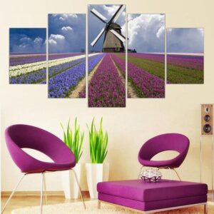 Windmill Lavender Field - Nature 5 Panel Canvas Art Wall Decor