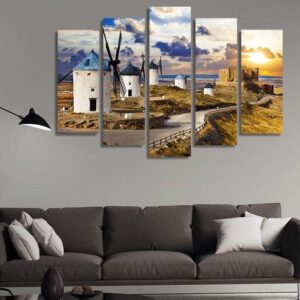 Windmills Of Don Quixote De La Mancha At Sunset - Nature 5 Panel Canvas Art Wall Decor