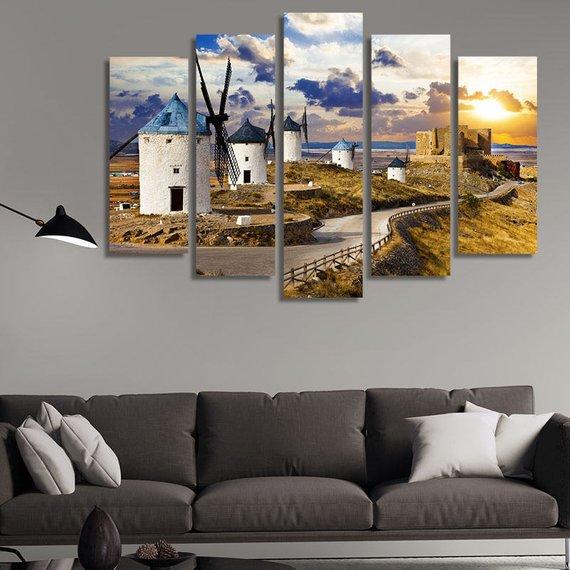 Windmills Of Don Quixote De La Mancha At Sunset - Nature 5 Panel Canvas Art Wall Decor Windmills Of Don Quixote De La Mancha At Sunset - Nature 5 Panel Canvas Art Wall Decor