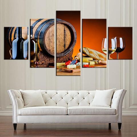 Wine Barrel & Cheese - Wine 5 Panel Canvas Art Wall Decor Wine Barrel & Cheese - Wine 5 Panel Canvas Art Wall Decor