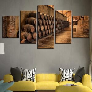 Wine Cellar Oak Barrels - Wine 5 Panel Canvas Art Wall Decor