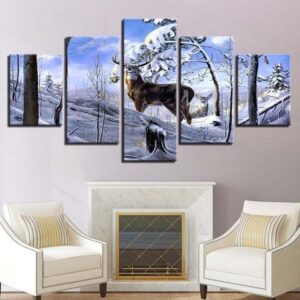 Winter Deer - Animal 5 Panel Canvas Art Wall Decor
