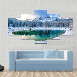 Winter Mountain Lake - Nature 5 Panel Canvas Art Wall Decor