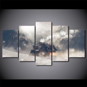Winter Scene House Snow Forest - Nature 5 Panel Canvas Art Wall Decor