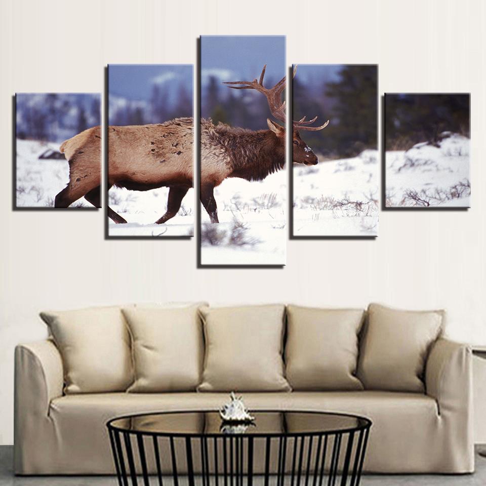 Winter Snow Forest Deer - Animal 5 Panel Canvas Art Wall Decor Winter Snow Forest Deer - Animal 5 Panel Canvas Art Wall Decor