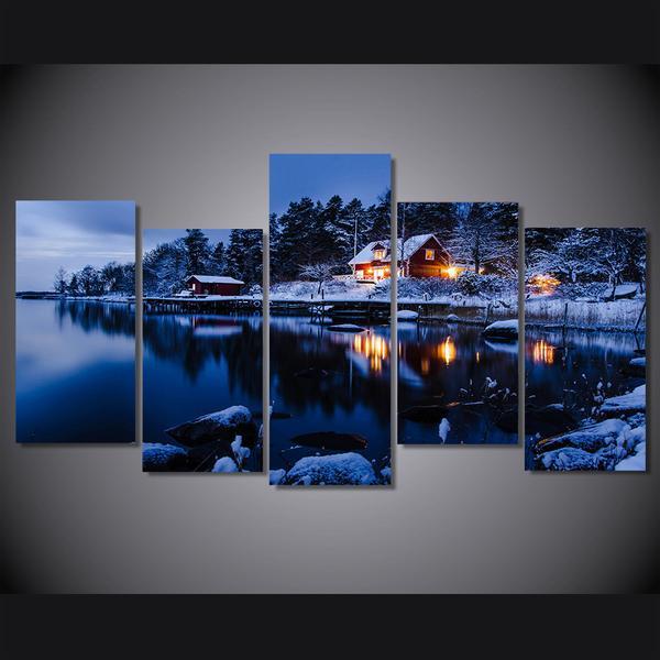 Winter Snow Lake Scene Cabin Forest Trees - Nature 5 Panel Canvas Art Wall Decor Winter Snow Lake Scene Cabin Forest Trees - Nature 5 Panel Canvas Art Wall Decor