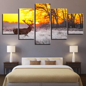 Winter Sunset Deer 1 - Animal 5 Panel Canvas Art Wall Decor