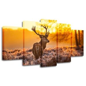 Winter Sunset White-Tailed Deer - Animal 5 Panel Canvas Art Wall Decor