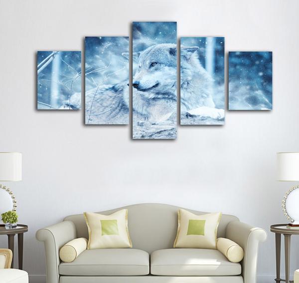 Winter Wolf In Snow Winter Scene 01 - Animal 5 Panel Canvas Art Wall Decor Winter Wolf In Snow Winter Scene 01 - Animal 5 Panel Canvas Art Wall Decor