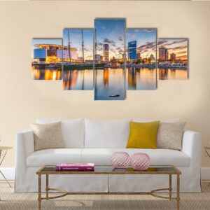 Wisconsin Downtown City Skyline On Lake Michigan - Nature 5 Panel Canvas Art Wall Decor