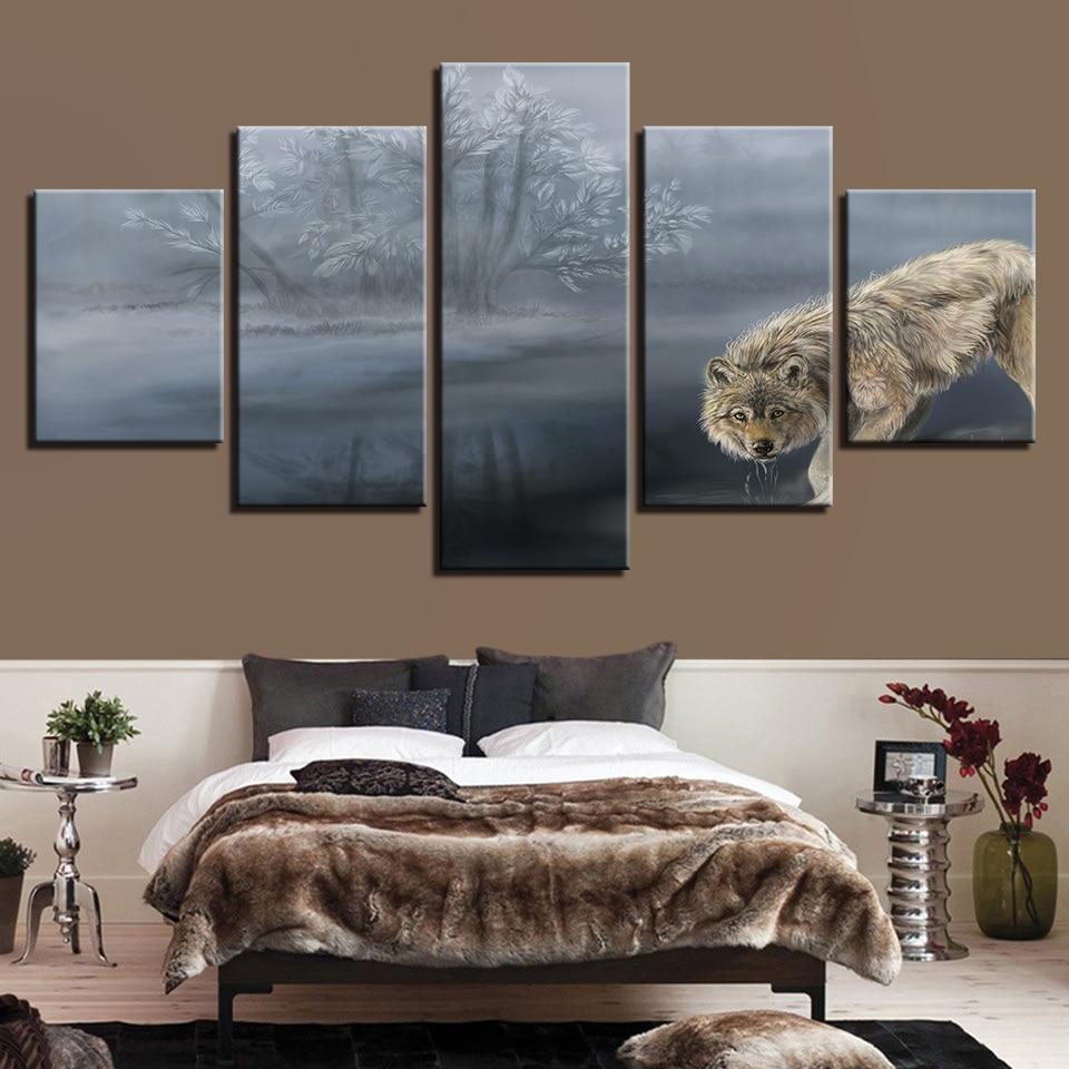 Wolf And Tree - Animal 5 Panel Canvas Art Wall Decor Wolf And Tree - Animal 5 Panel Canvas Art Wall Decor
