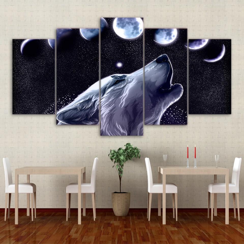 Wolf Art Howling Moon Night 01 - Animal 5 Panel Canvas Art Wall Decor Wolf Art Howling Moon Night 01 - Animal 5 Panel Canvas Art Wall Decor