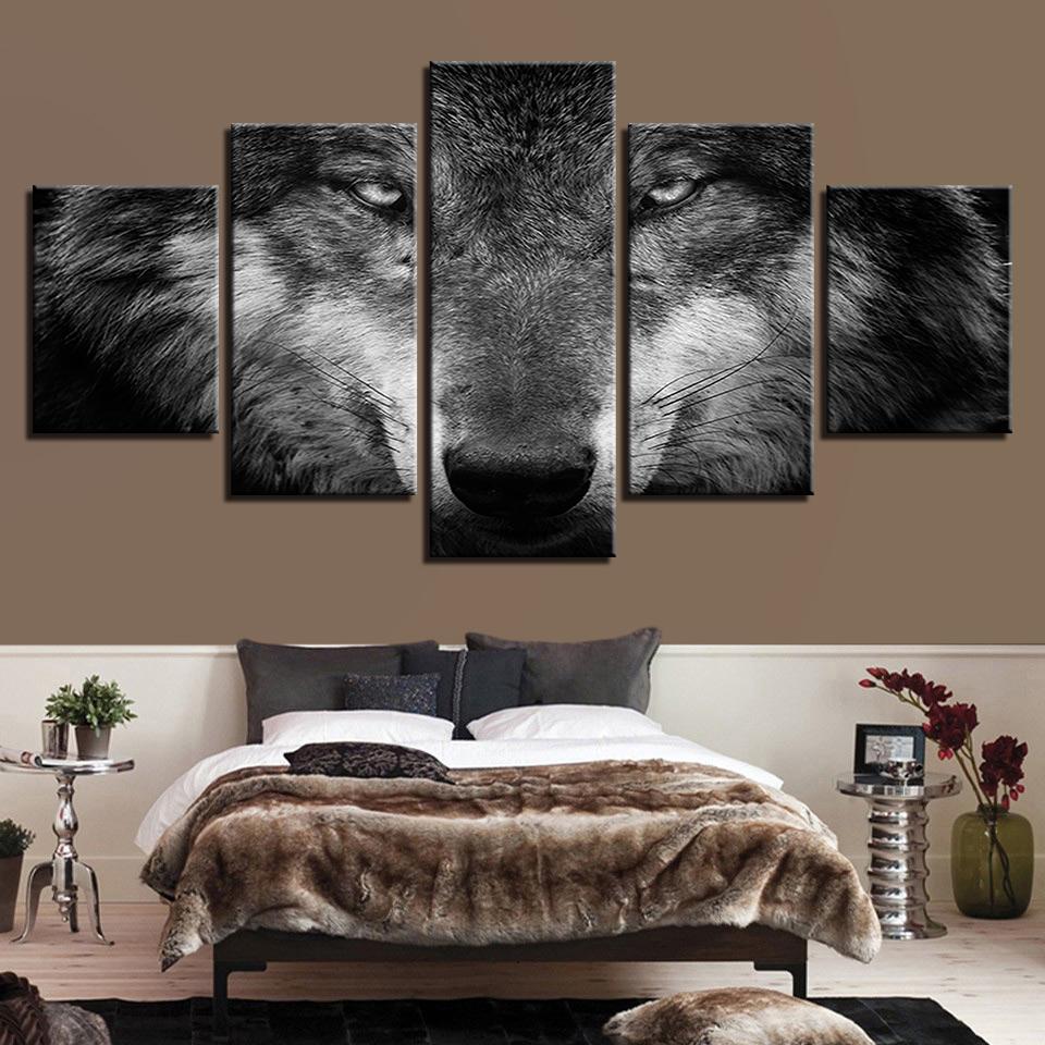 Wolf Black And White - Animal 5 Panel Canvas Art Wall Decor Wolf Black And White - Animal 5 Panel Canvas Art Wall Decor