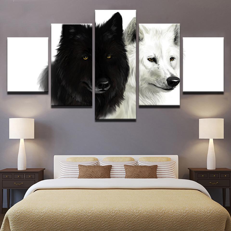 Wolf Couple Black And White - Animal 5 Panel Canvas Art Wall Decor Wolf Couple Black And White - Animal 5 Panel Canvas Art Wall Decor