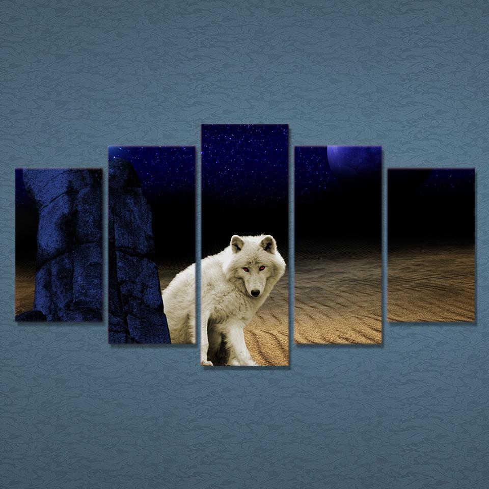 Wolf Desert Moonlit Night - Animal 5 Panel Canvas Art Wall Decor Wolf Desert Moonlit Night - Animal 5 Panel Canvas Art Wall Decor