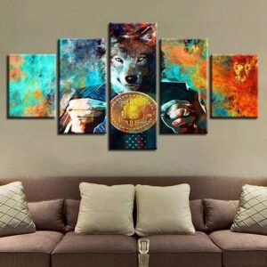 Wolf Head Bitcoin Btc Modern - Abstract Animal 5 Panel Canvas Art Wall Decor
