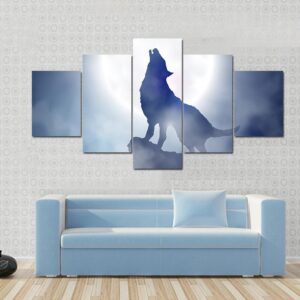 Wolf Howling On Moon Night - Animal 5 Panel Canvas Art Wall Decor