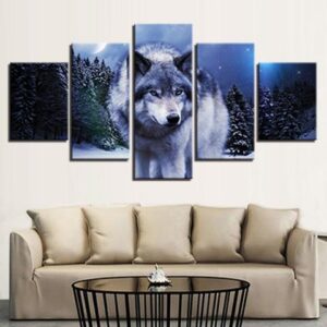 Wolf In Forest - Animal 5 Panel Canvas Art Wall Decor