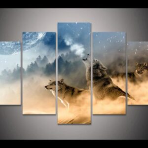 Wolf In Full Moon - Animal 5 Panel Canvas Art Wall Decor