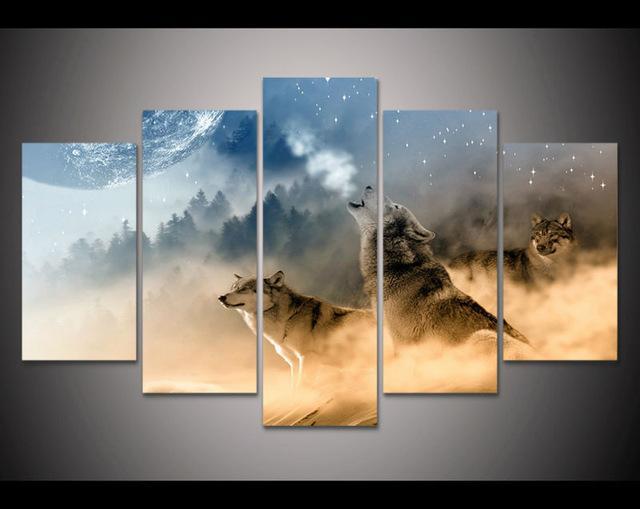 Wolf In Full Moon - Animal 5 Panel Canvas Art Wall Decor Wolf In Full Moon - Animal 5 Panel Canvas Art Wall Decor