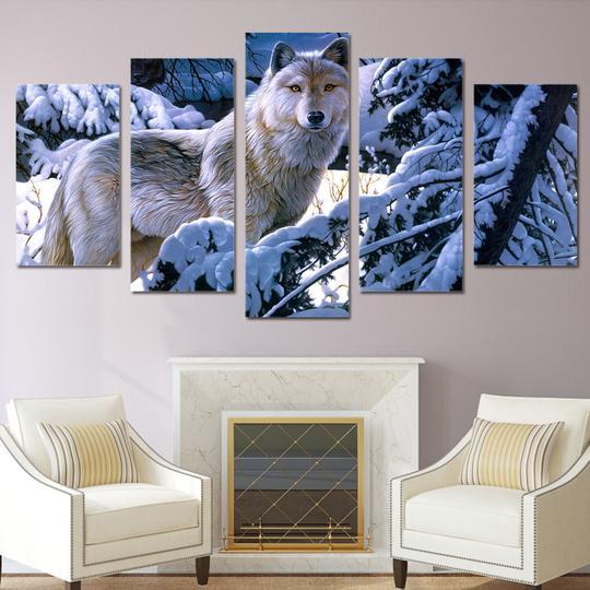 Wolf In Snowy Forest Painting - Animal 5 Panel Canvas Art Wall Decor Wolf In Snowy Forest Painting - Animal 5 Panel Canvas Art Wall Decor