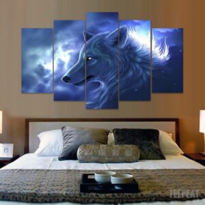 Wolf In The Clouds - Abstract Animal 5 Panel Canvas Art Wall Decor