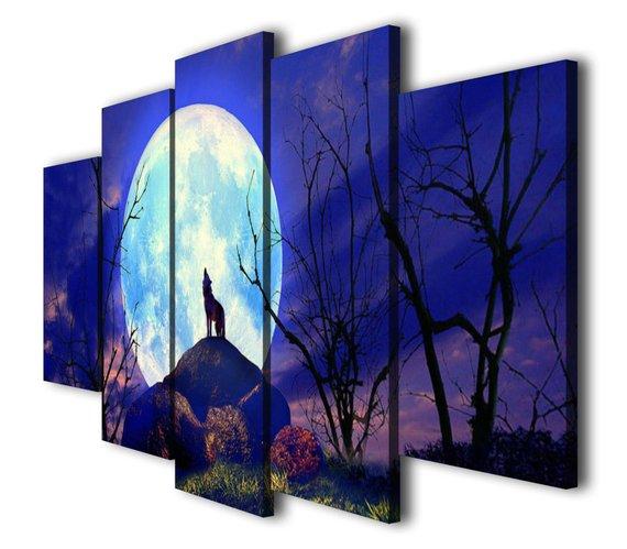 Wolf In The Moon Night - Nature 5 Panel Canvas Art Wall Decor Wolf In The Moon Night - Nature 5 Panel Canvas Art Wall Decor