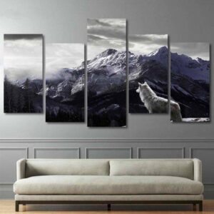 Wolf In The Mountains - Animal 5 Panel Canvas Art Wall Decor