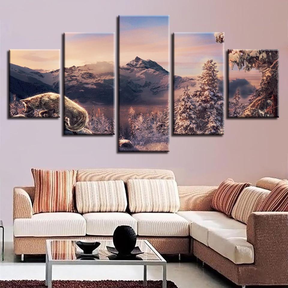 Wolf Mountain 3 - Animal 5 Panel Canvas Art Wall Decor Wolf Mountain 3 - Animal 5 Panel Canvas Art Wall Decor