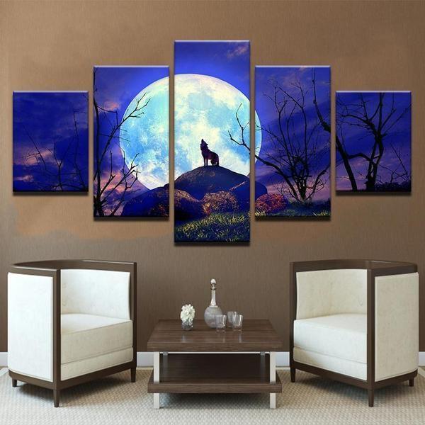Wolf Night Modular Scene - Animal 5 Panel Canvas Art Wall Decor Wolf Night Modular Scene - Animal 5 Panel Canvas Art Wall Decor