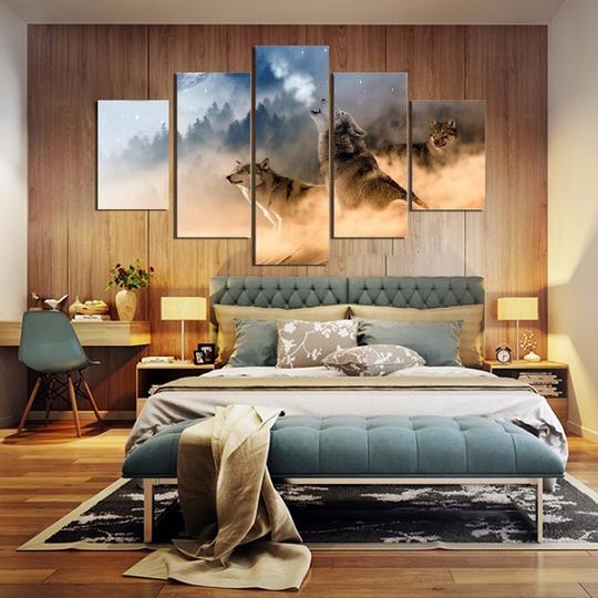 Wolves Howling In The Snow - Animal 5 Panel Canvas Art Wall Decor Wolves Howling In The Snow - Animal 5 Panel Canvas Art Wall Decor