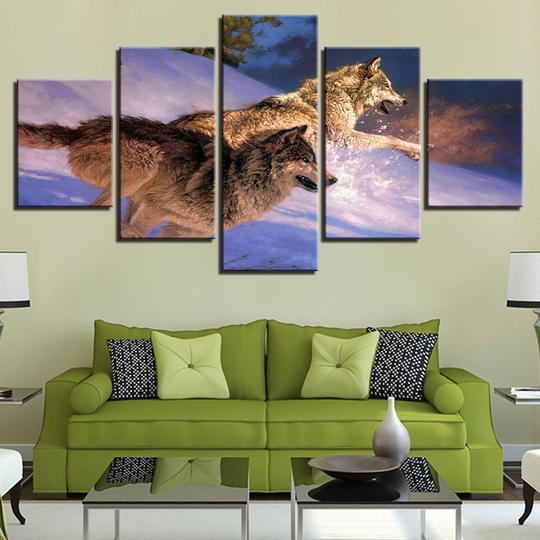 Wolves Running Through The Snow - Animal 5 Panel Canvas Art Wall Decor Wolves Running Through The Snow - Animal 5 Panel Canvas Art Wall Decor