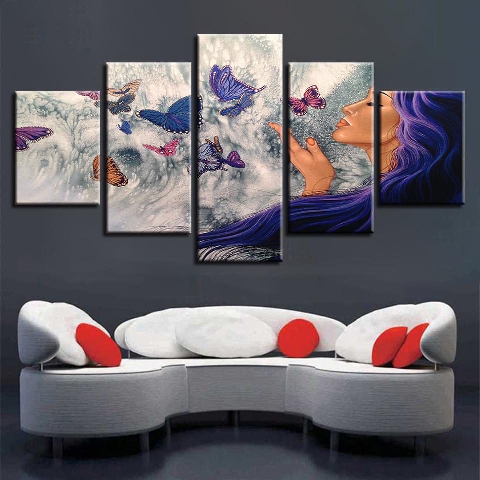 Woman And Butterfly - Abstract 5 Panel Canvas Art Wall Decor Woman And Butterfly - Abstract 5 Panel Canvas Art Wall Decor