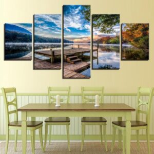 Wooden Bridge Beside The Lake - Nature 5 Panel Canvas Art Wall Decor