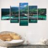 Wooden Bridge Retro House And Mountains - Nature 5 Panel Canvas Art Wall Decor