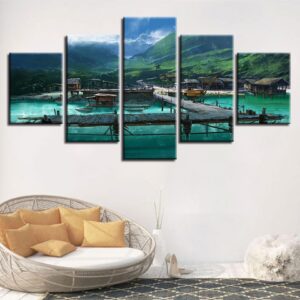Wooden Bridge Retro House And Mountains - Nature 5 Panel Canvas Art Wall Decor